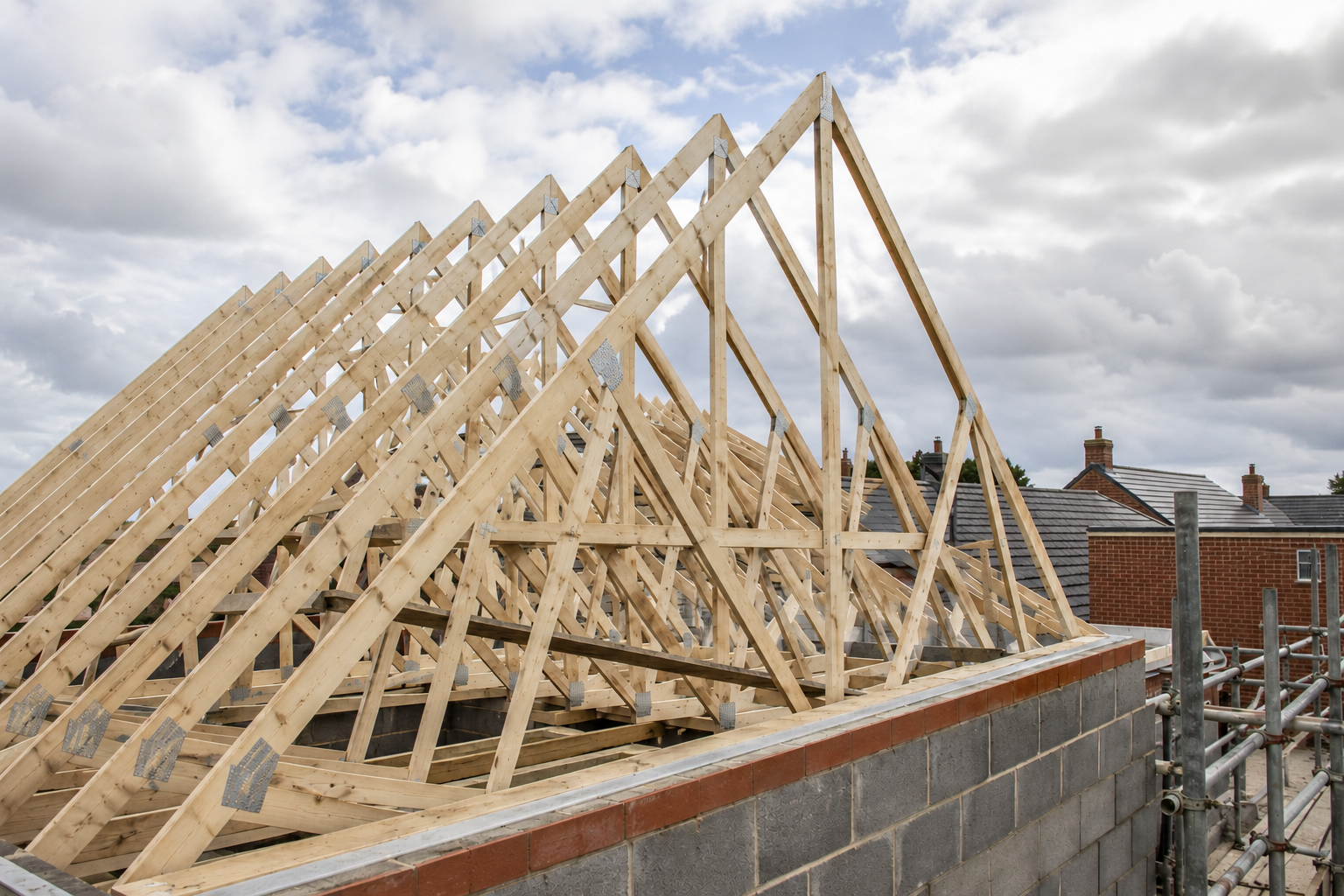 Engineered roof trusses installed on a property