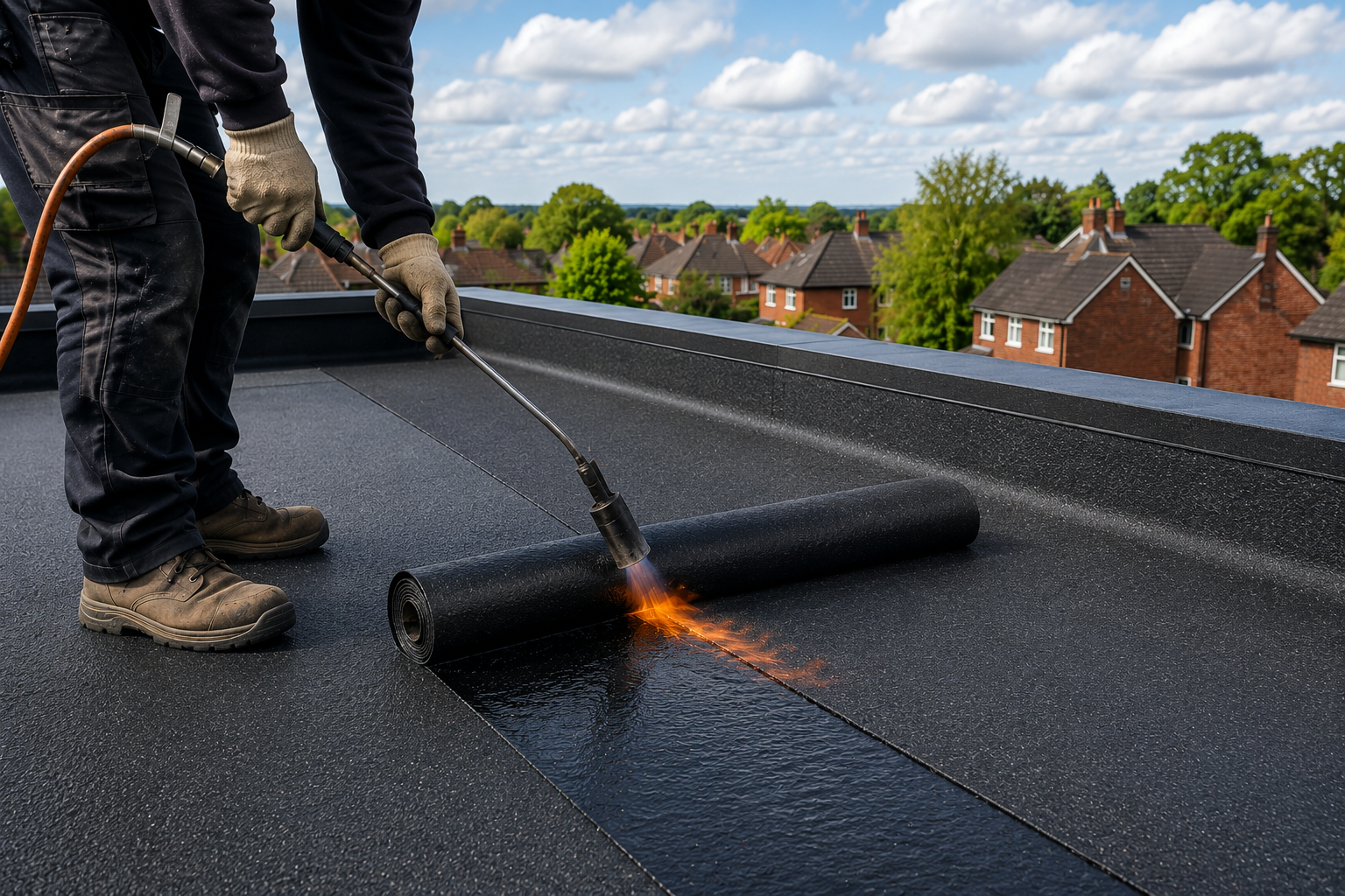 Roofer installing torch-on felt flat roofing